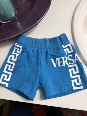 AUTHENTIC Versace Blue Kids Shorts with White Greek Key Trim